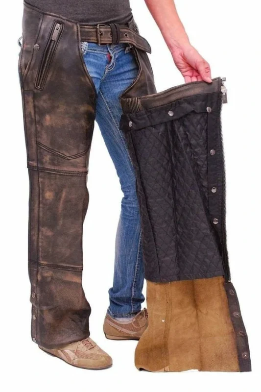 distressed brown winter leather motorcycle chaps open view