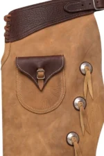 Distressed Tan Leather Batwing Chaps with Western Concho Details Pocket View