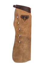 Distressed Tan Leather Batwing Chaps with Western Concho Details Side View