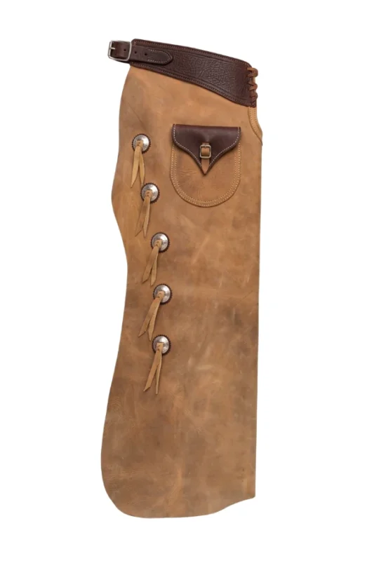 Distressed Tan Leather Batwing Chaps with Western Concho Details Side View