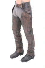 Dust Road Brown Leather Motorcycle Chaps Worn by Male Rider
