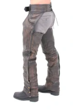 Dust Road Brown Leather Motorcycle Chaps Worn Back by Male Rider