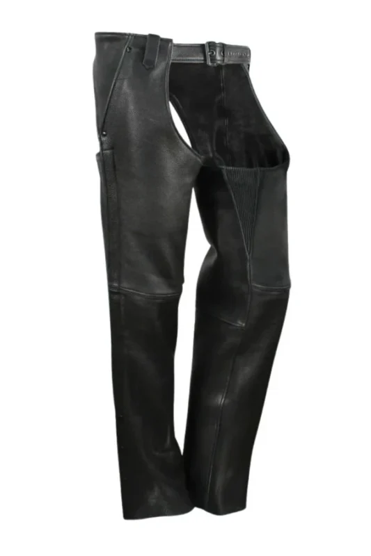 Flex Ride Black Leather Motorcycle Chaps Side View
