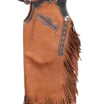 Frontier Crest Leather Chink Chaps with Contrast Yoke and Fringe