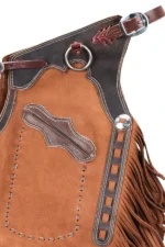 Frontier Crest Leather Chink Chaps with Contrast Yoke and Fringe Details View