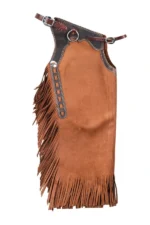 Frontier Crest Leather Chink Chaps with Contrast Yoke and Fringe Side View