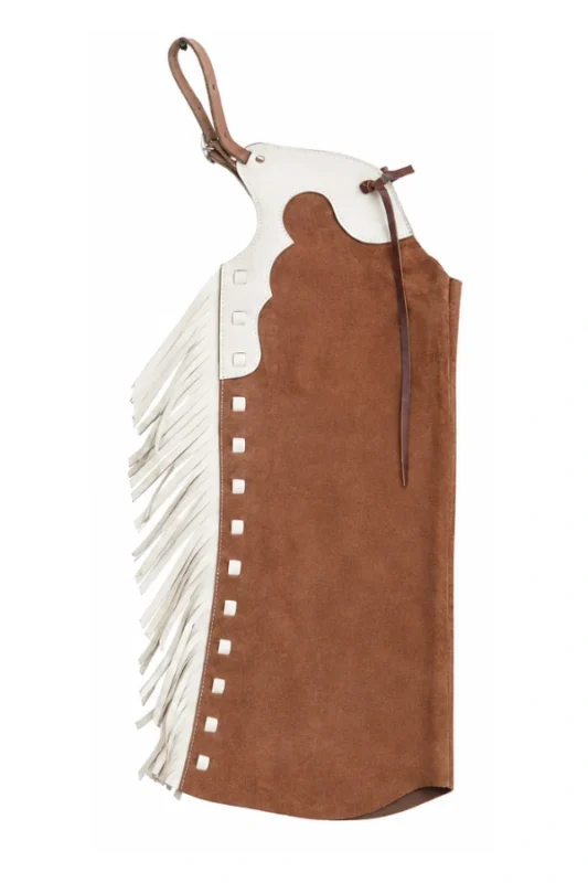 Tan Youth Western Chaps with White Leather Yoke and Fringe Side View