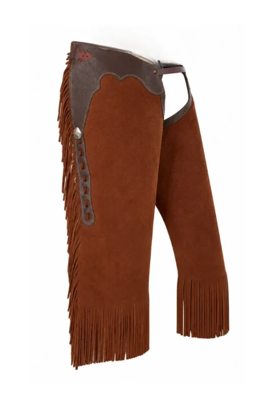 Frontier Trail Suede Chink Chaps with Contrast Leather Yoke and Fringe Side View