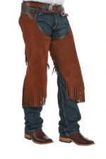 Frontier Trail Suede Chink Chaps with Contrast Leather Yoke and Fringe Worn View