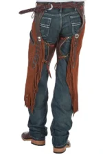 Frontier Trail Suede Chink Chaps with Contrast Leather Yoke and Fringe Worn Back View