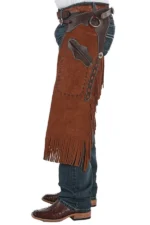 Frontier Trail Suede Chink Chaps with Contrast Leather Yoke and Fringe Worn Pocket View