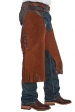 Frontier Trail Suede Chink Chaps with Contrast Leather Yoke and Fringe Worn Side View