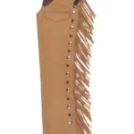 Golden Buckskin Fringe Shotgun Chaps with Tooled Western Yoke