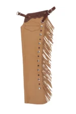 Golden Buckskin Fringe Shotgun Chaps with Tooled Western Yoke