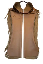 Golden Buckskin Fringe Shotgun Chaps with Tooled Western Yoke Front View