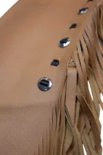 Golden Buckskin Fringe Shotgun Chaps with Tooled Western Yoke Conchos View