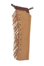 Golden Buckskin Fringe Shotgun Chaps with Tooled Western Yoke Side View