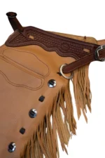 Golden Buckskin Fringe Shotgun Chaps with Tooled Western Yoke Yoke View
