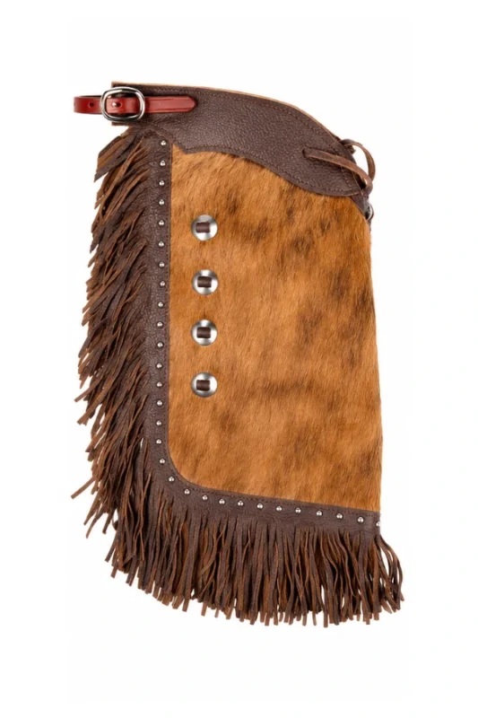 Golden Hide Youth Western Chaps with Brown Fringe Side View