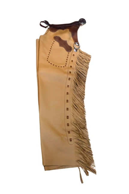 Golden Prairie Fringe Shotgun Chaps with Brown Leather Yoke