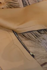 Golden Prairie Fringe Shotgun Chaps with Brown Leather Yoke Detail View