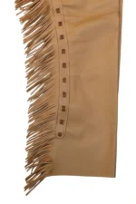 Golden Prairie Fringe Shotgun Chaps with Brown Leather Yoke Fringe Details View