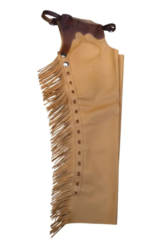 Golden Prairie Fringe Shotgun Chaps with Brown Leather Yoke Side View