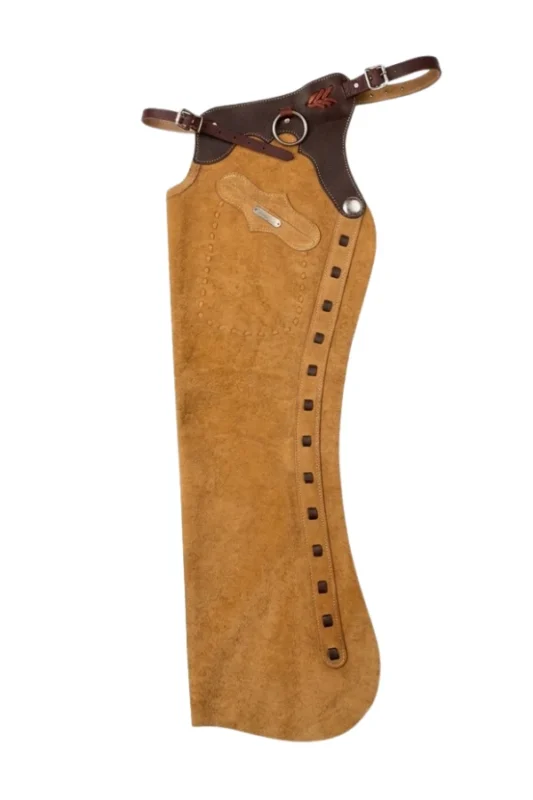 Golden Trail Shotgun Chaps with Dark Brown Leather Yoke