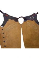 Golden Trail Shotgun Chaps with Dark Brown Leather Yoke Details View