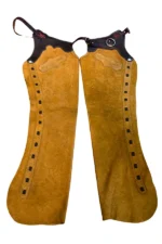 Golden Trail Shotgun Chaps with Dark Brown Leather Yoke Front View