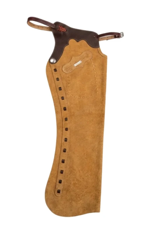 Golden Trail Shotgun Chaps with Tan Suede and Brown Leather View