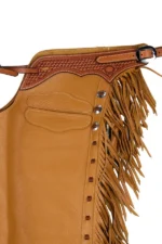 Golden Trail Tooled Leather Fringe Shotgun Chaps Yoke View