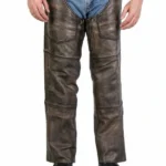 heritage distressed brown winter leather chaps front