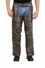 heritage distressed brown winter leather chaps front