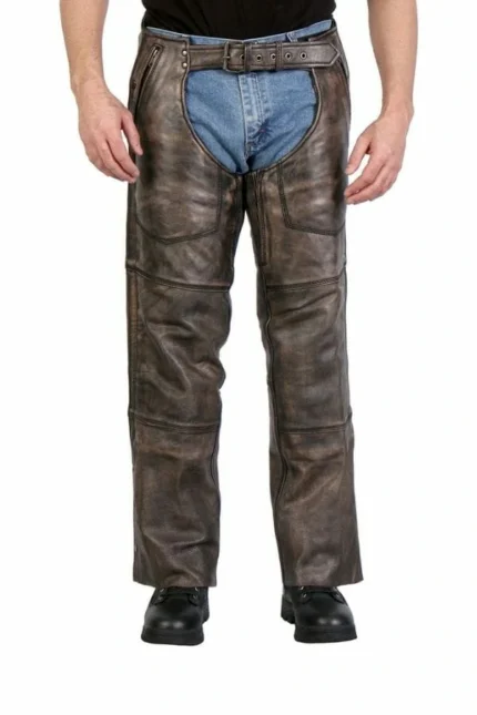 heritage distressed brown winter leather chaps front