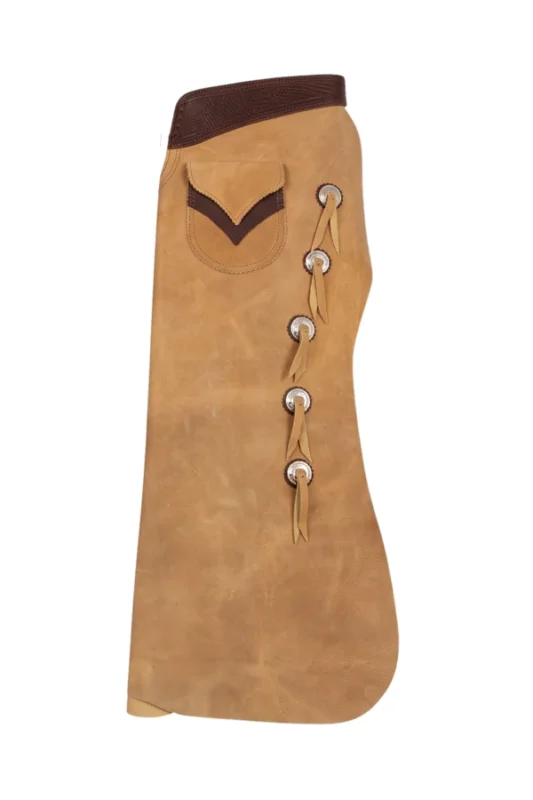 Honey Tan Leather Batwing Chaps with Brown Accents and Silver Conchos