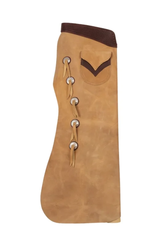 Honey Tan Leather Batwing Chaps with Brown Accents and Silver Conchos Side View
