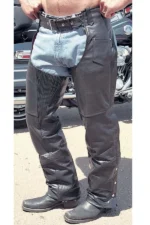 Iron Flex Leather Motorcycle Chaps Stretch Panel Detail