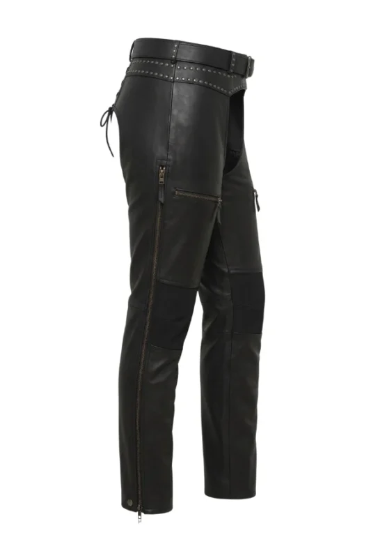 Iron Ridge Prestige Big & Tall Leather Motorcycle Chaps Studded Waist Detail