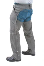 Iron Trail Distressed Gray Leather Motorcycle Chaps Zippered Pocket Detail