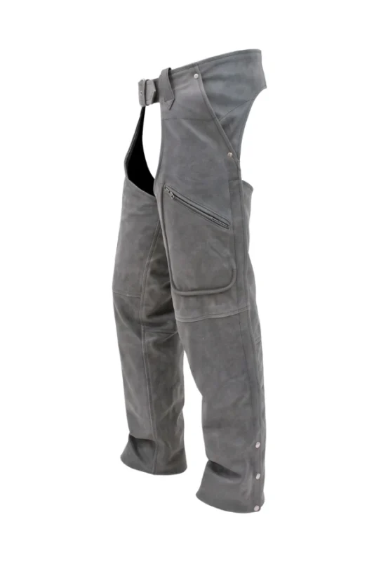 Iron Trail Distressed Gray Leather Motorcycle Chaps Side View