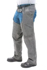Iron Trail Distressed Gray Leather Motorcycle Chaps Worn by Male Rider
