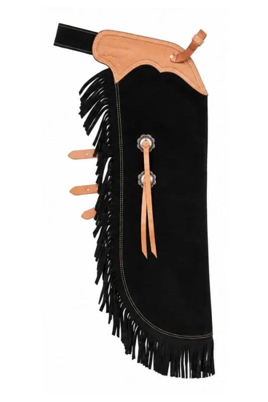 Black Youth Western Chaps with Tan Yoke and Fringe Side View