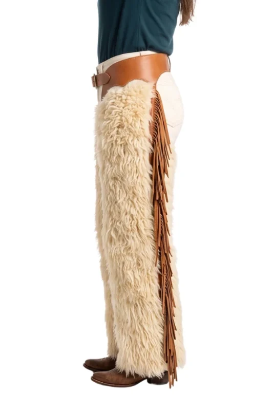 Ivory Creek Woolies Chaps with Tan Leather Fringe Side View