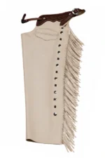 Ivory Frontier Fringe Shotgun Chaps with Tooled Brown Leather Yoke