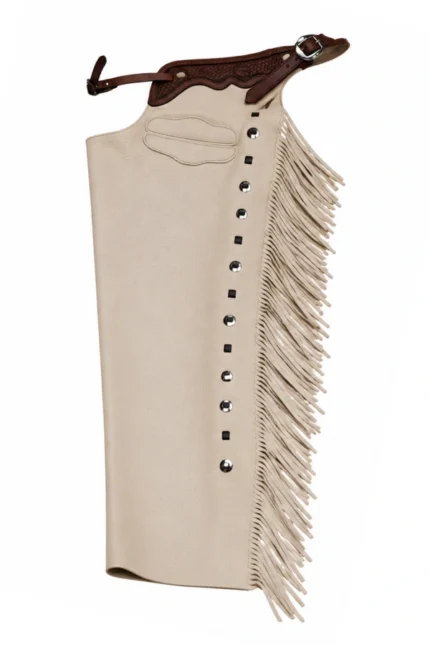 Ivory Frontier Fringe Shotgun Chaps with Tooled Brown Leather Yoke