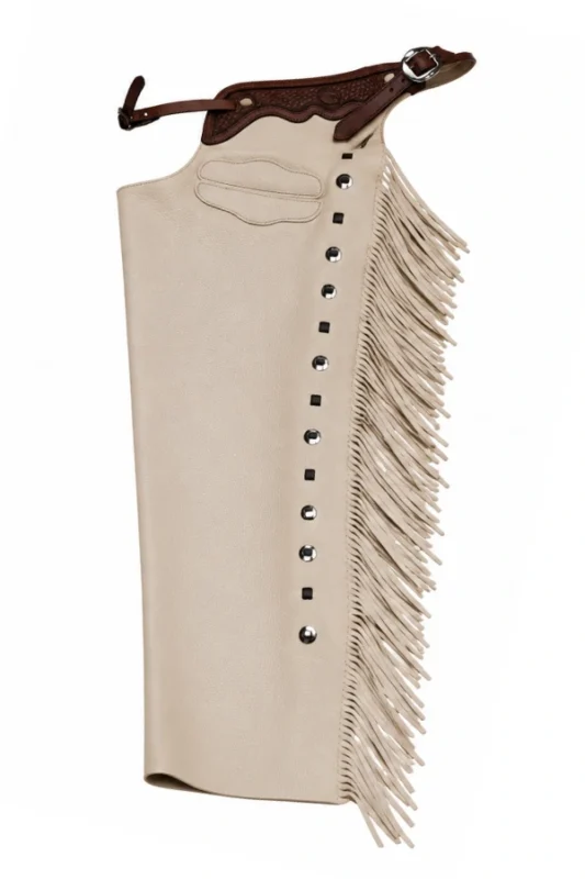 Ivory Frontier Fringe Shotgun Chaps with Tooled Brown Leather Yoke