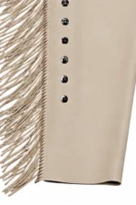 Ivory Frontier Fringe Shotgun Chaps with Tooled Brown Leather Yoke Details View