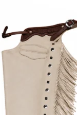 Ivory Frontier Fringe Shotgun Chaps with Tooled Brown Leather Yoke Pocket View