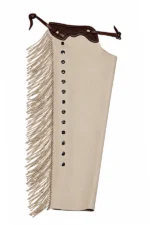 Ivory Frontier Fringe Shotgun Chaps with Tooled Brown Leather Yoke Side View